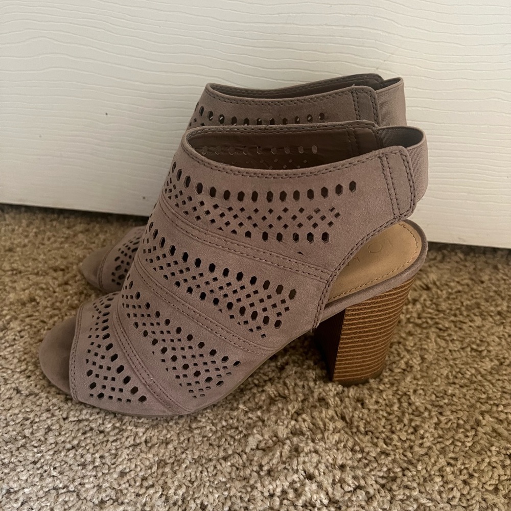 Taupe Elastic Back Open Toe Heels/Booties